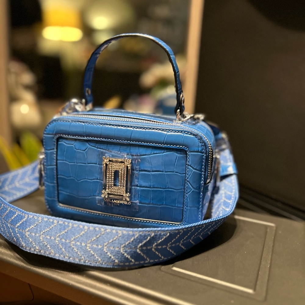 New Karl Lagerfeld Paris Simone Top Handle Crossbody Bag Blue | Crocodile | - Picture 5 of 8